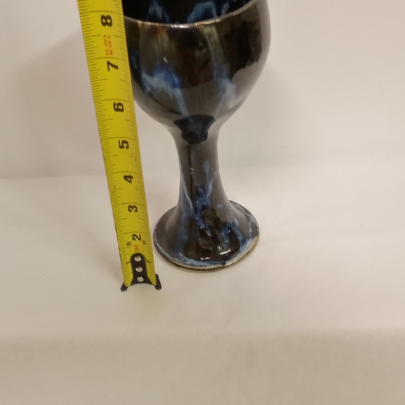 Vintage Handcrafted Churning Pottery Art Goblet Blues Dripping Glazed 8" - Picture 5 of 6